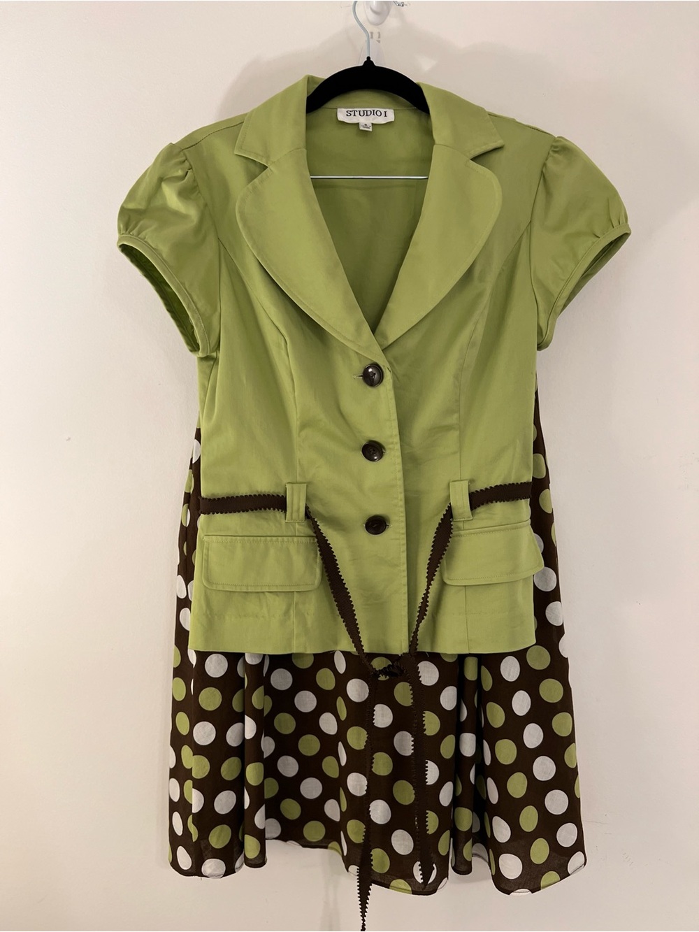 Studio I 2 Piece Skirt Set Olive Green Blazer Brown Polka Dot Retro